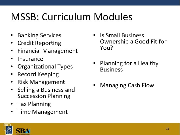 MSSB: Curriculum Modules Banking Services Credit Reporting Financial Management Insurance Organizational Types Record Keeping