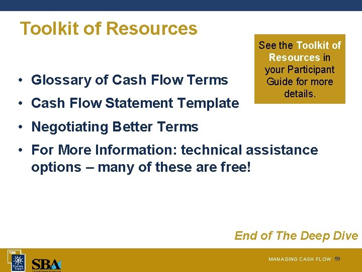 Toolkit of Resources • Glossary of Cash Flow Terms • Cash Flow Statement Template