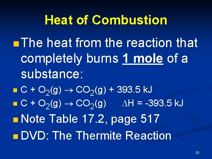 Heat of Combustion n The heat from the reaction that completely burns 1 mole