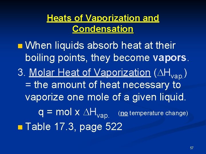 Heats of Vaporization and Condensation When liquids absorb heat at their boiling points, they