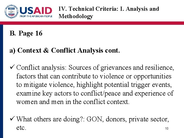 IV. Technical Criteria: I. Analysis and Methodology B. Page 16 a) Context & Conflict