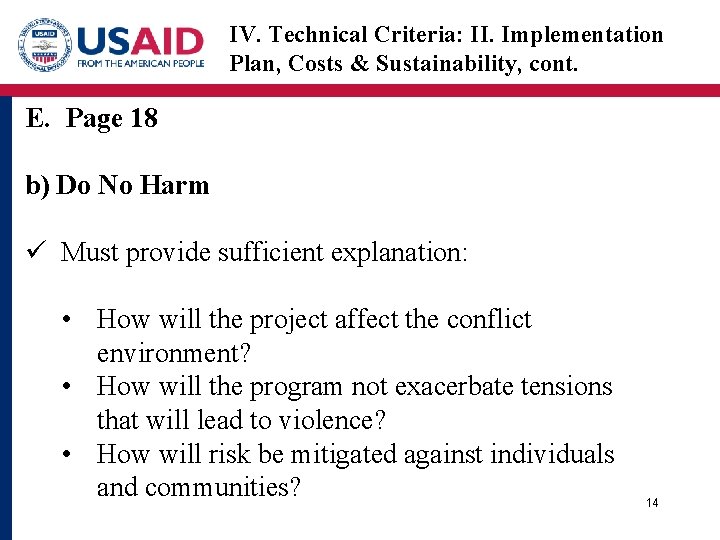 IV. Technical Criteria: II. Implementation Plan, Costs & Sustainability, cont. E. Page 18 b)