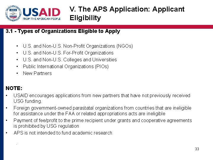 V. The APS Application: Applicant Eligibility 3. 1 - Types of Organizations Eligible to
