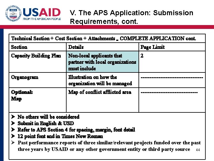 V. The APS Application: Submission Requirements, cont. Technical Section + Cost Section + Attachments