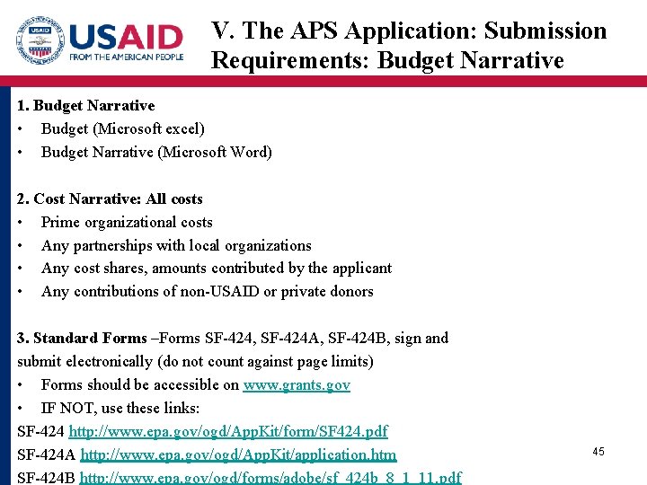 V. The APS Application: Submission Requirements: Budget Narrative 1. Budget Narrative • Budget (Microsoft