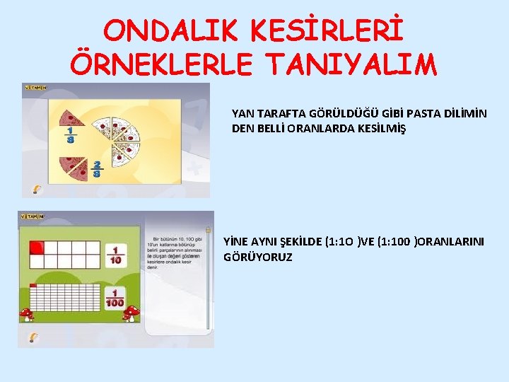 ONDALIK KESİRLERİ ÖRNEKLERLE TANIYALIM YAN TARAFTA GÖRÜLDÜĞÜ GİBİ PASTA DİLİMİN DEN BELLİ ORANLARDA KESİLMİŞ