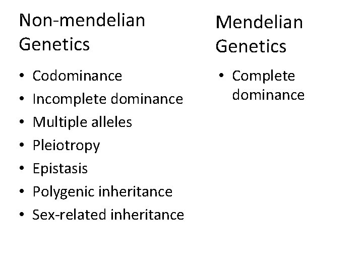 Non-mendelian Genetics • • Codominance Incomplete dominance Multiple alleles Pleiotropy Epistasis Polygenic inheritance Sex-related