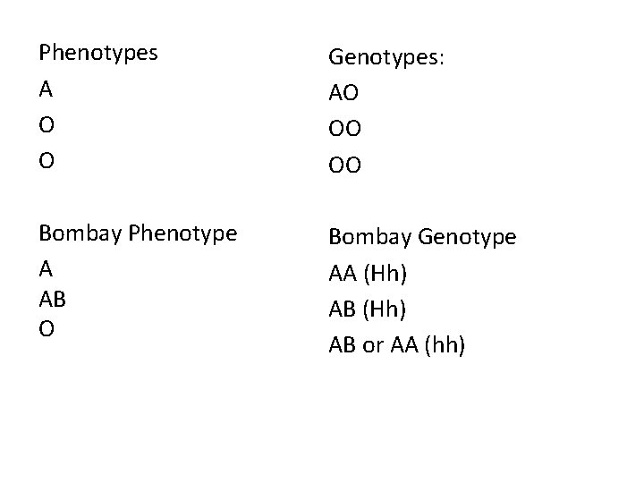 Phenotypes A O O Genotypes: AO OO OO Bombay Phenotype A AB O Bombay