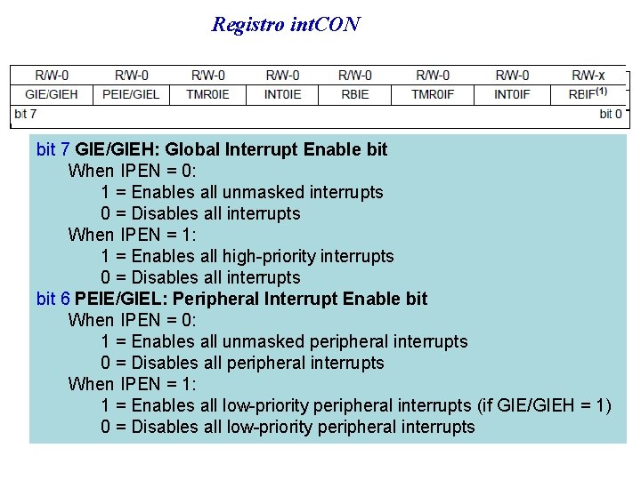 Registro int. CON bit 7 GIE/GIEH: Global Interrupt Enable bit When IPEN = 0: