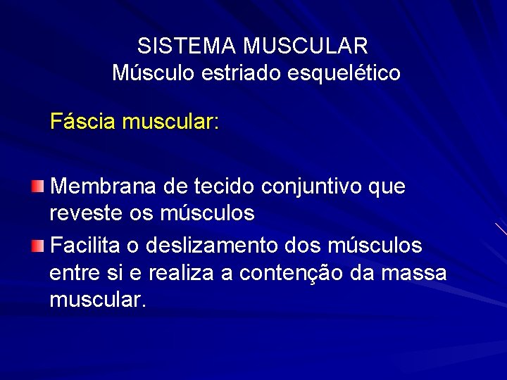 SISTEMA MUSCULAR Músculo estriado esquelético Fáscia muscular: Membrana de tecido conjuntivo que reveste os