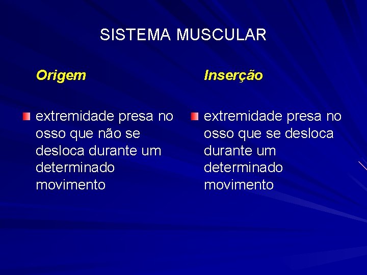 SISTEMA MUSCULAR Origem Inserção extremidade presa no osso que não se desloca durante um