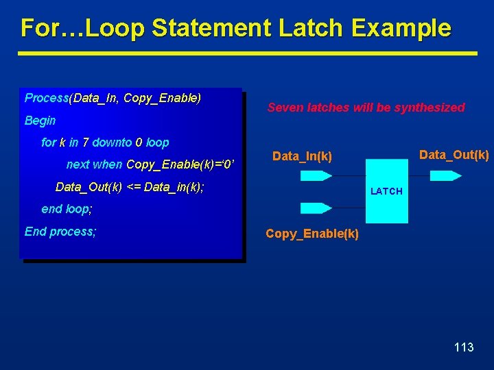 For…Loop Statement Latch Example Process(Data_In, Copy_Enable) Begin for k in 7 downto 0 loop