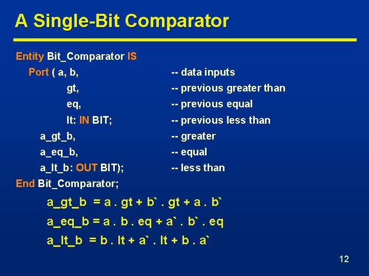 A Single-Bit Comparator Entity Bit_Comparator IS Port ( a, b, -- data inputs gt,