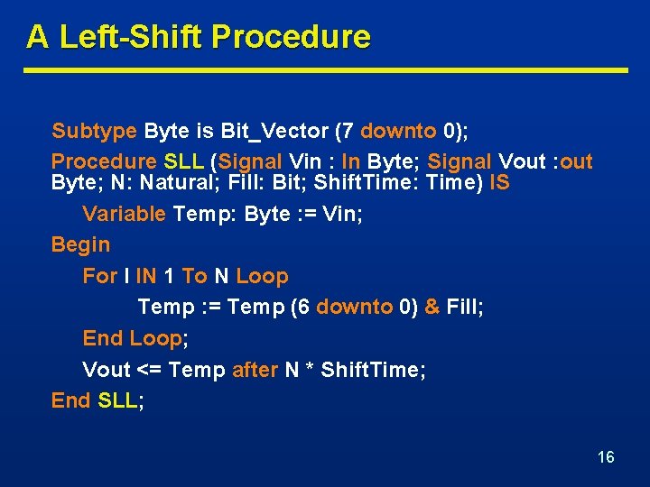 A Left-Shift Procedure Subtype Byte is Bit_Vector (7 downto 0); Procedure SLL (Signal Vin