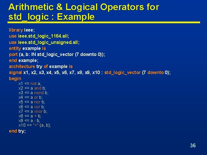 Arithmetic & Logical Operators for std_logic : Example library ieee; use ieee. std_logic_1164. all;