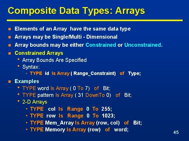 Composite Data Types: Arrays n Elements of an Array have the same data type