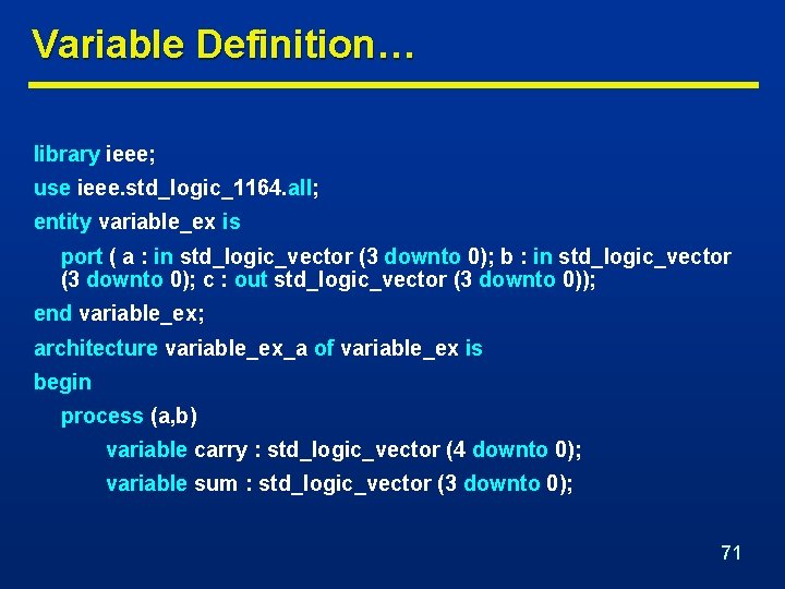 Variable Definition… library ieee; use ieee. std_logic_1164. all; entity variable_ex is port ( a