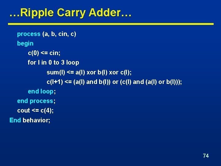 …Ripple Carry Adder… process (a, b, cin, c) begin c(0) <= cin; for I