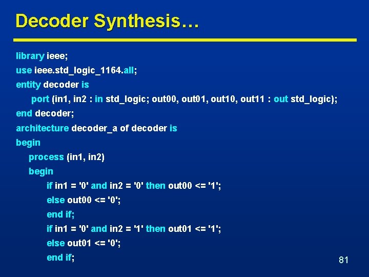 Decoder Synthesis… library ieee; use ieee. std_logic_1164. all; entity decoder is port (in 1,