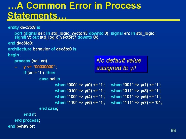 …A Common Error in Process Statements… entity dec 3 to 8 is port (signal