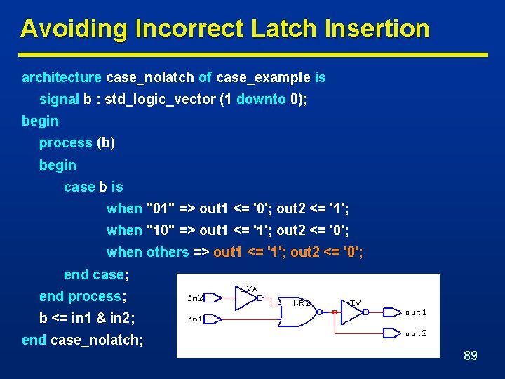 Avoiding Incorrect Latch Insertion architecture case_nolatch of case_example is signal b : std_logic_vector (1