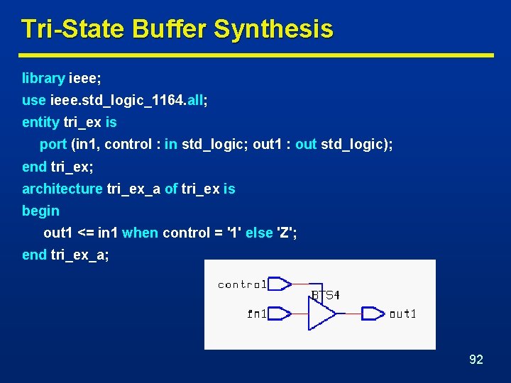 Tri-State Buffer Synthesis library ieee; use ieee. std_logic_1164. all; entity tri_ex is port (in