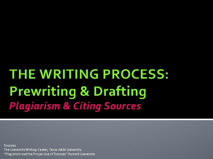 THE WRITING PROCESS: Prewriting & Drafting Plagiarism & Citing Sources: The University Writing Center,