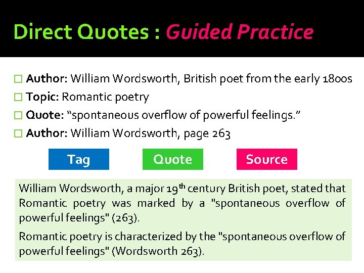 Direct Quotes : Guided Practice � Author: William Wordsworth, British poet from the early