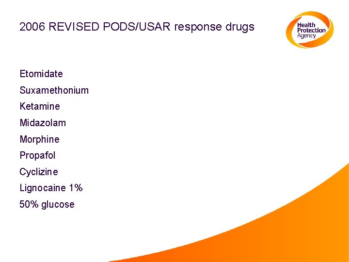 2006 REVISED PODS/USAR response drugs Etomidate Suxamethonium Ketamine Midazolam Morphine Propafol Cyclizine Lignocaine 1%