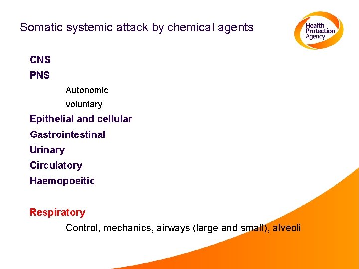 Somatic systemic attack by chemical agents CNS PNS Autonomic voluntary Epithelial and cellular Gastrointestinal