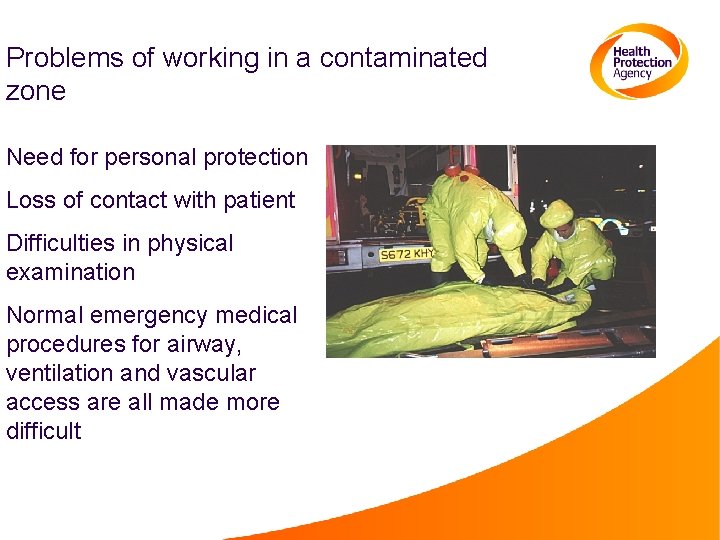 Problems of working in a contaminated zone Need for personal protection Loss of contact