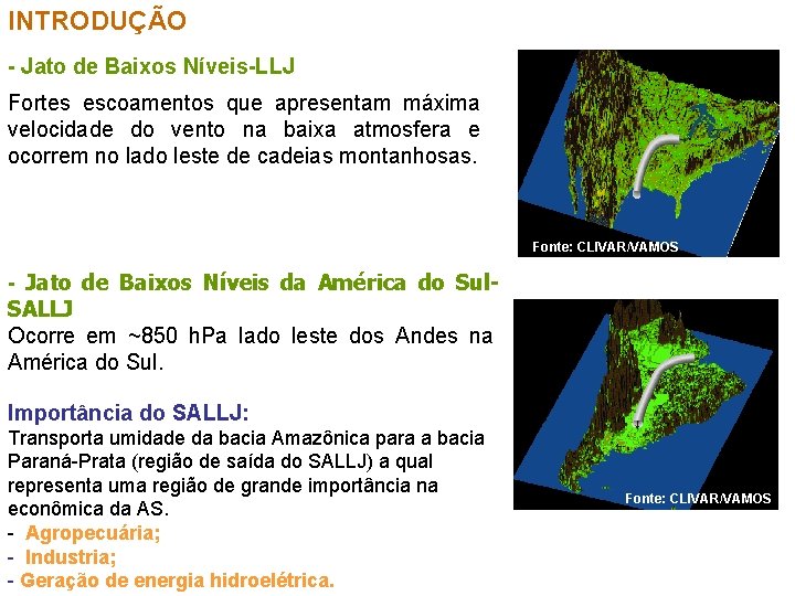 INTRODUÇÃO - Jato de Baixos Níveis-LLJ Fortes escoamentos que apresentam máxima velocidade do vento