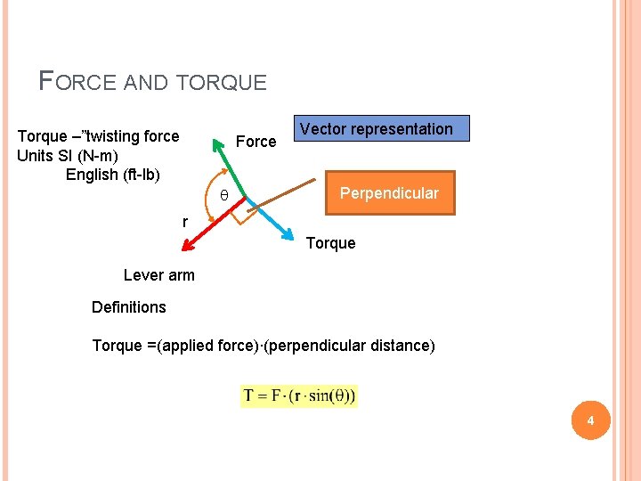 FORCE AND TORQUE Torque –”twisting force Units SI (N-m) English (ft-lb) Force q Vector