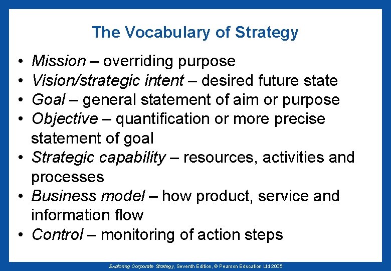 The Vocabulary of Strategy • • Mission – overriding purpose Vision/strategic intent – desired