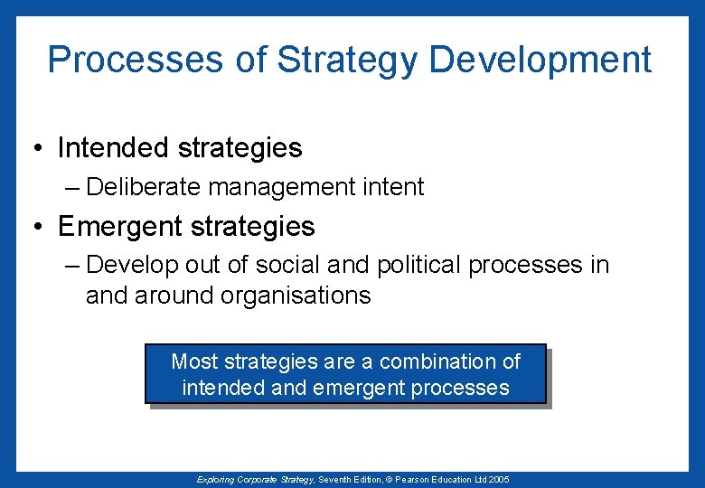 Processes of Strategy Development • Intended strategies – Deliberate management intent • Emergent strategies