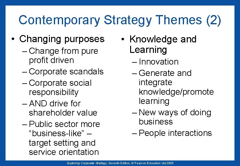 Contemporary Strategy Themes (2) • Changing purposes – Change from pure profit driven –