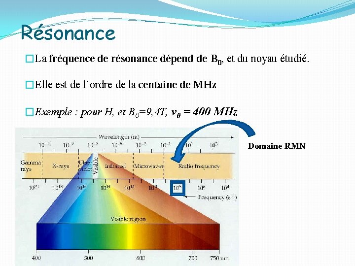 Résonance �La fréquence de résonance dépend de B 0, et du noyau étudié. �Elle