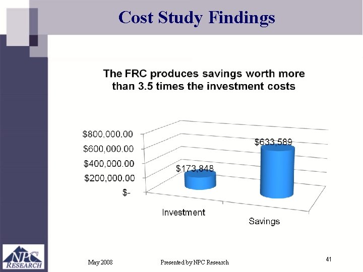 Cost Study Findings May 2008 Presented by NPC Research 41 