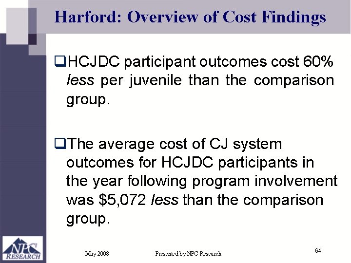 Harford: Overview of Cost Findings q. HCJDC participant outcomes cost 60% less per juvenile