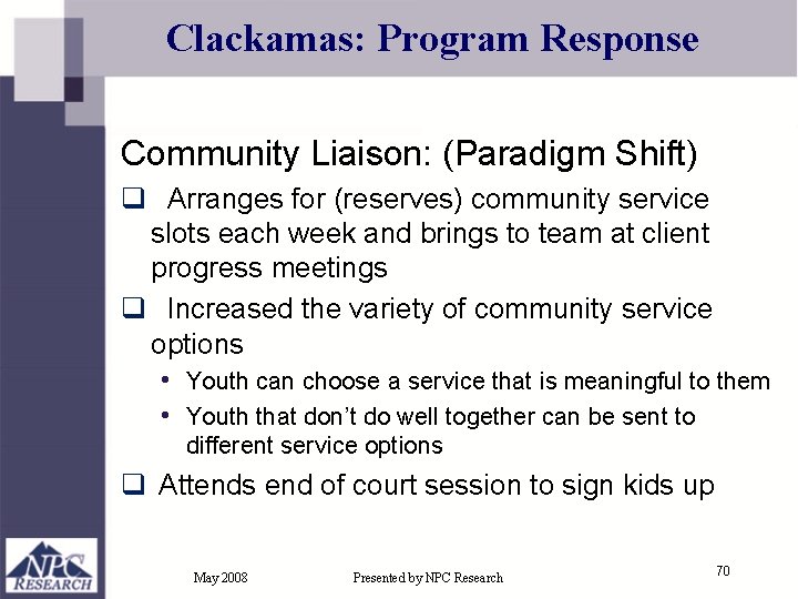 Clackamas: Program Response Community Liaison: (Paradigm Shift) q Arranges for (reserves) community service slots