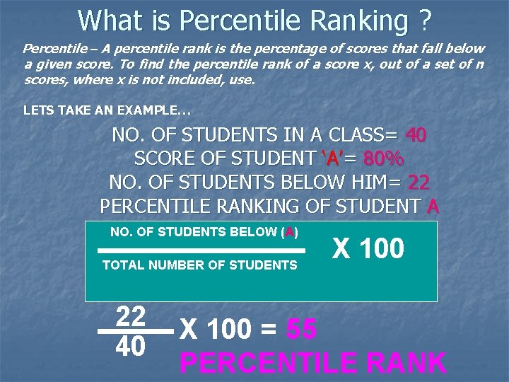 What is Percentile Ranking ? Percentile – A percentile rank is the percentage of