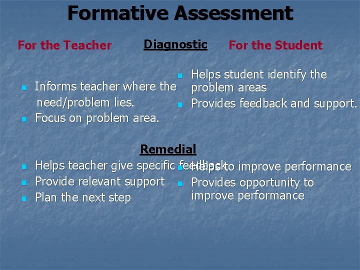Formative Assessment For the Teacher Diagnostic n n n Informs teacher where the need/problem