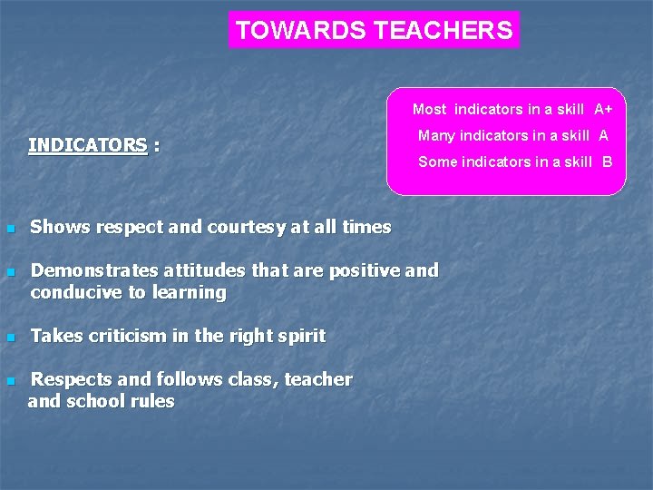 TOWARDS TEACHERS Most indicators in a skill A+ INDICATORS : n n Many indicators