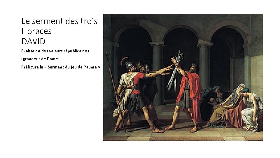 Le serment des trois Horaces DAVID Exaltation des valeurs républicaines (grandeur de Rome) Préfigure