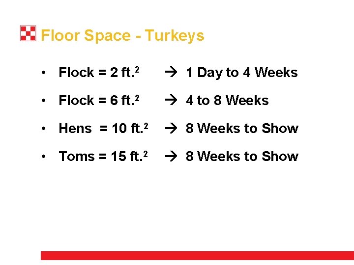 Floor Space - Turkeys • Flock = 2 ft. 2 1 Day to 4