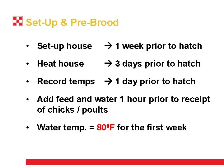 Set-Up & Pre-Brood • Set-up house 1 week prior to hatch • Heat house