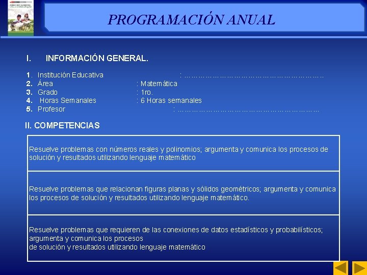 PROGRAMACIÓN ANUAL I. INFORMACIÓN GENERAL. 1. Institución Educativa 2. Área 3. Grado 4. Horas