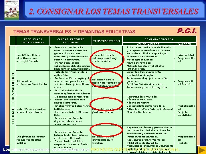 2. CONSIGNAR LOS TEMAS TRANSVERSALES P. C. I. TEMAS TRANSVERSALES Y DEMANDAS EDUCATIVAS PROBLEMAS