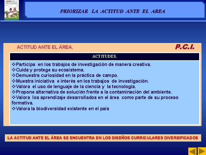 PRIORIZAR LA ACTITUD ANTE EL AREA P. C. I. ACTITUD ANTE EL ÁREA. ACTITUDES. PRIORIZAR LA ACTITUD ANTE EL AREA P. C. I. ACTITUD ANTE EL ÁREA. ACTITUDES.