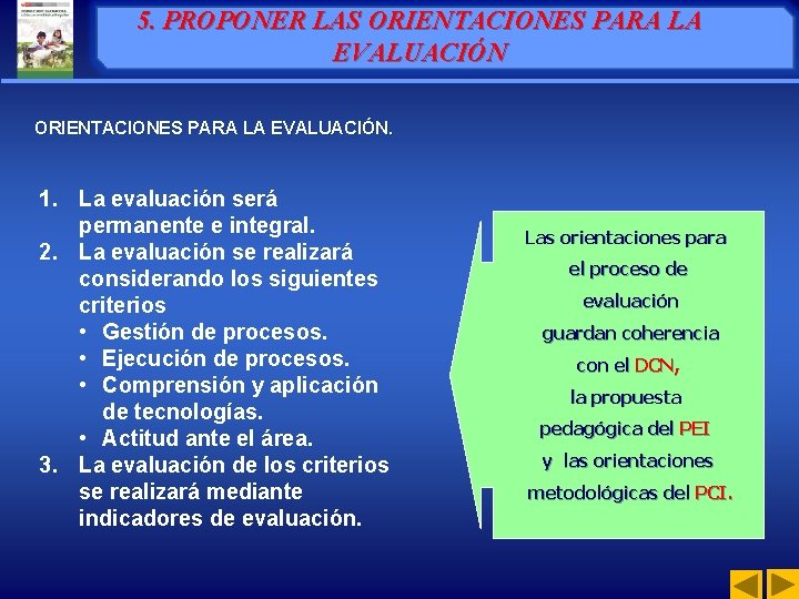 5. PROPONER LAS ORIENTACIONES PARA LA EVALUACIÓN. 1. La evaluación será permanente e integral.